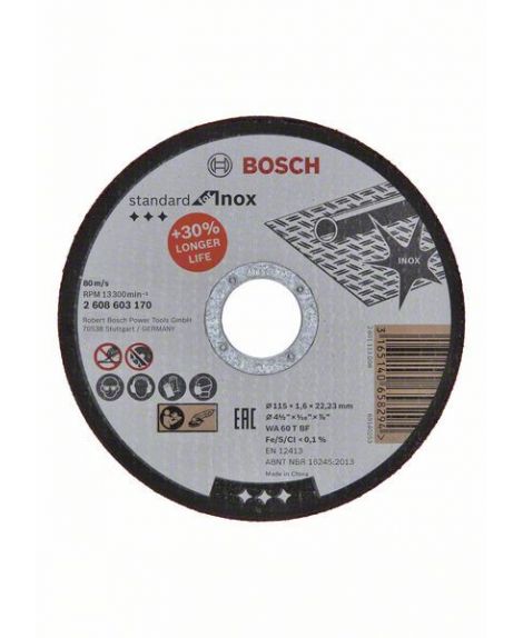 BOSCH Tarcza tnąca prosta Standard for Inox WA 60 T BF, 115 mm, 22,23 mm, 1,6 mm