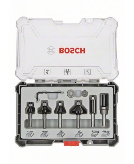 BOSCH Zestaw frezów do wykańczania i wyrównywania, trzpień 6 mm, 6 szt. 6-piece Trim and Edging Router Bit Set.