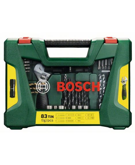 BOSCH 83-częściowy zestaw wierteł TiN i końcówek wkręcających V-Line z latarką LED i kluczem rozsuwanym główkowym