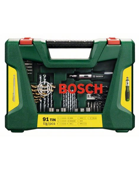 BOSCH 91-częściowy zestaw wierteł TiN i końcówek wkręcających V-Line z wkrętarką grzechotkową i prętem magnetycznym