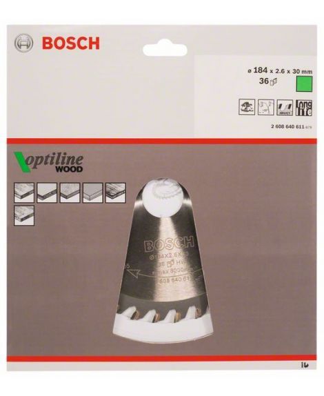 BOSCH Tarcza pilarska Optiline Wood 184 x 30 x 2,6 mm, 36