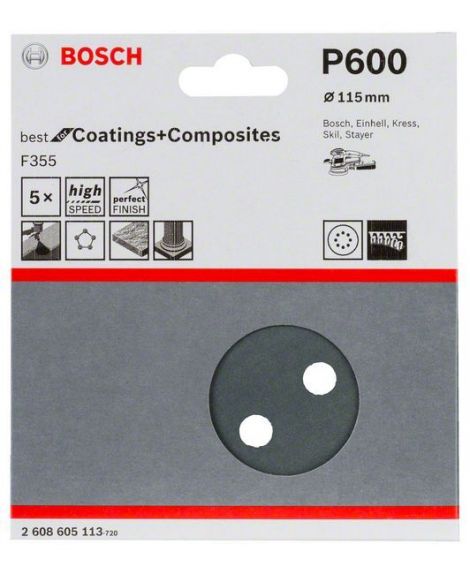 BOSCH Papier ścierny F355, opakowanie 5 szt. 115 mm, 600