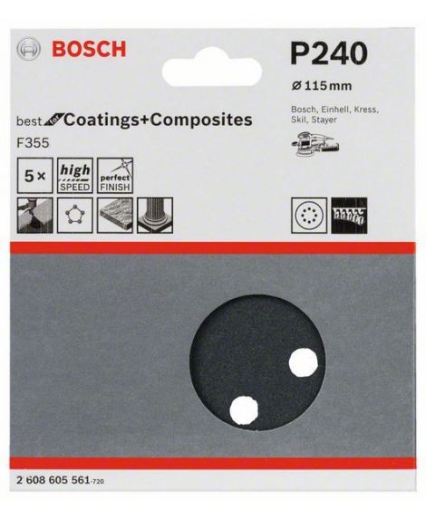 BOSCH Papier ścierny F355, opakowanie 5 szt. 115 mm, 240