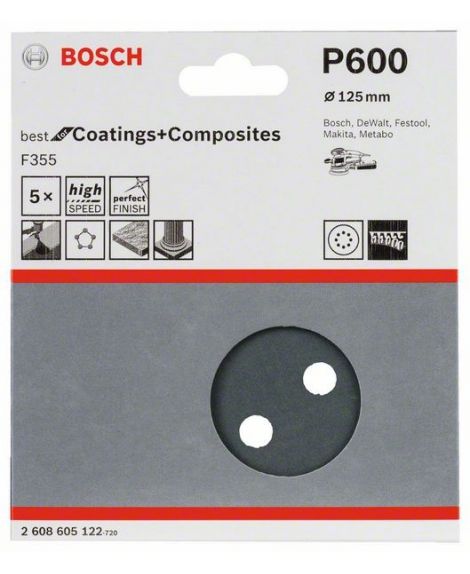 BOSCH Papier ścierny F355, opakowanie 5 szt. 125 mm, 600