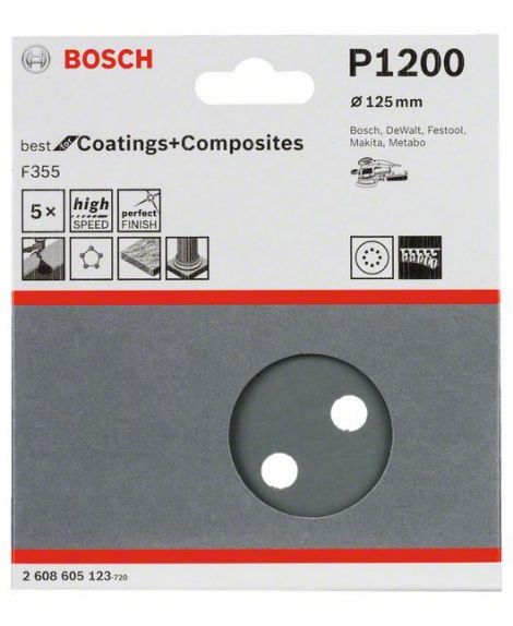 BOSCH Papier ścierny F355, opakowanie 5 szt. 125 mm, 1200