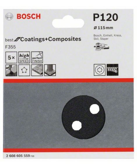 BOSCH Papier ścierny F355, opakowanie 5 szt. 115 mm, 120