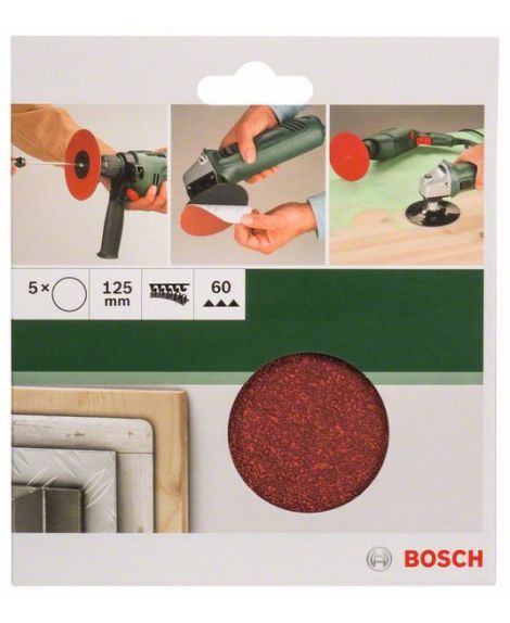 BOSCH 5-częściowy zestaw papierów ściernych do szlifierek kątowych i wiertarki D - 125 mm- K - 60, 5 szt.