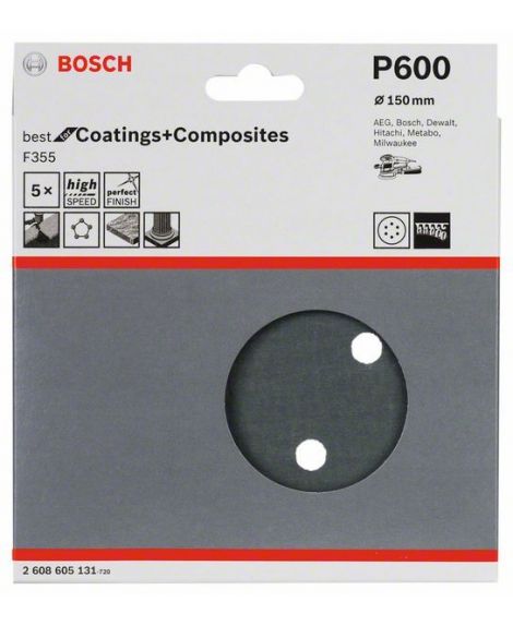 BOSCH Papier ścierny F355, opakowanie 5 szt. 150 mm, 600