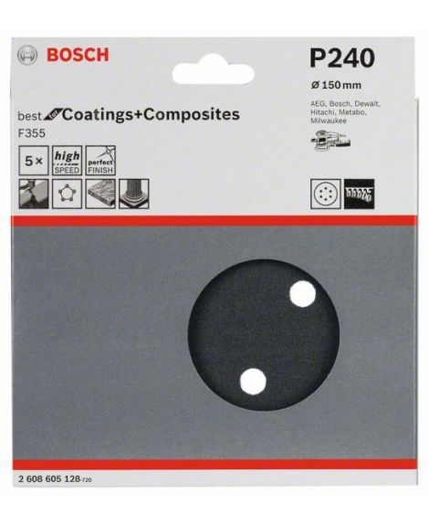 BOSCH Papier ścierny F355, opakowanie 5 szt. 150 mm, 240