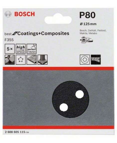 BOSCH Papier ścierny F355, opakowanie 5 szt. 125 mm, 80