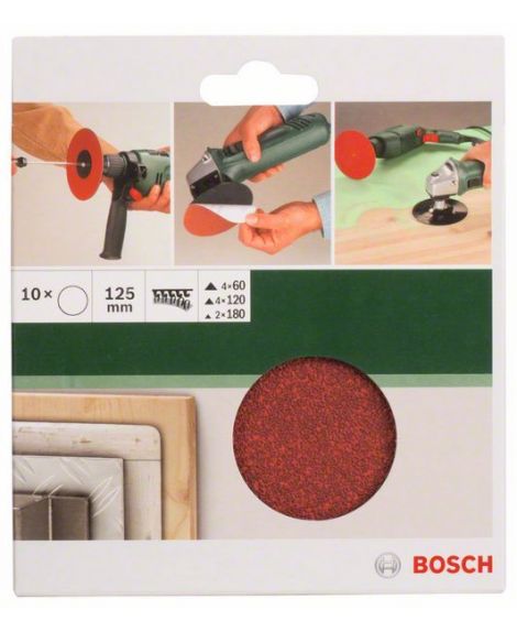 BOSCH 10-częściowy zestaw papierów ściernych do szlifierek kątowych i wiertarki D - 125 mm- K - 60 – 180, 10 szt.