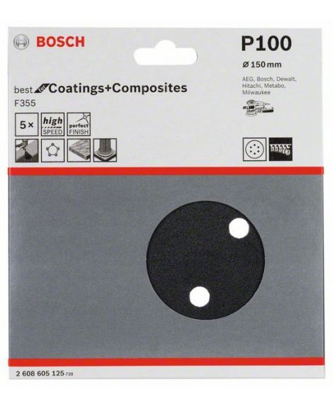 BOSCH Papier ścierny F355, opakowanie 5 szt. 150 mm, 100