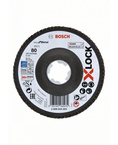 BOSCH Tarcze listkowe z systemem X-LOCK, wersja kątowa, płyta z włókniny Ø 125 mm, G 80, X571, Best for Metal, 1 szt. D- 125 mm-