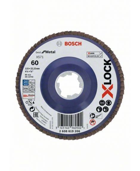 BOSCH Tarcze listkowe z systemem X-LOCK, wersja prosta, płyta z tworzywa sztucznego, Ø 115 mm, G 60, X571, Best for Metal, 1 szt