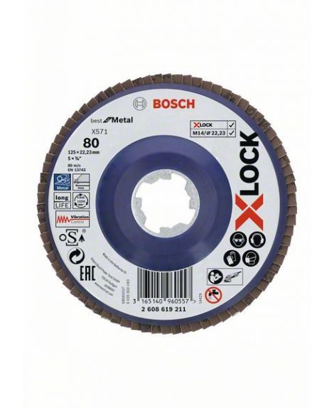 BOSCH Tarcza listkowa z systemem X-LOCK, wersja prosta, płyta z tworzywa sztucznego, Ø 125 mm, G 80, X571, Best for Metal, 1 szt