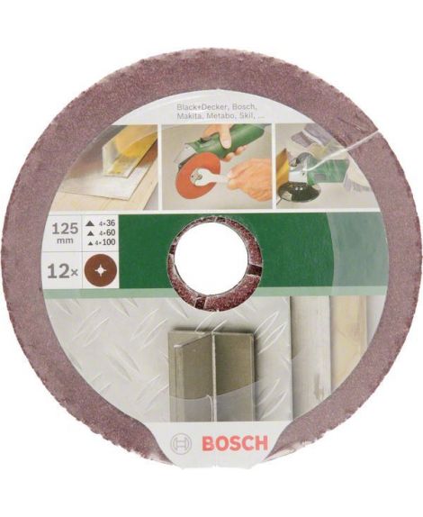 BOSCH 12-częściowy zestaw fibrowych tarcz ściernych do szlifierek kątowych, korund D - 125 mm- K - 36 - 100, 12 szt.