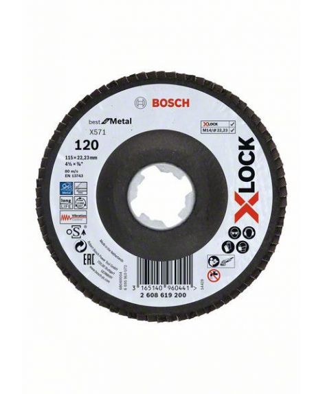 BOSCH Tarcze listkowe z systemem X-LOCK, wersja kątowa, płyta z włókniny Ø 115 mm, G 120, X571, Best for Metal, 1 szt. D- 115 mm