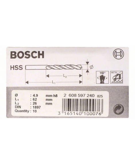 BOSCH Wiertła do blach HSS-R, DIN 1897 4,9 x 26 x 62 mm