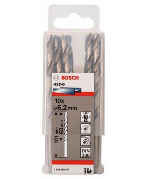 BOSCH Wiertła do metalu HSS-G, DIN 338 6,2 x 63 x 101 mm