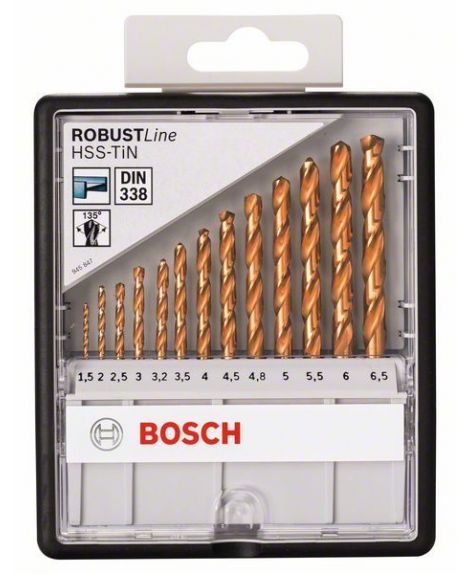 BOSCH 13-częściowy zestaw wierteł do metalu HSS-TiN Robust Line, 135° 1,5- 2- 2,5- 3- 3,2- 3,5- 4- 4,5- 4,8- 5- 5,5- 6- 6,5 mm,