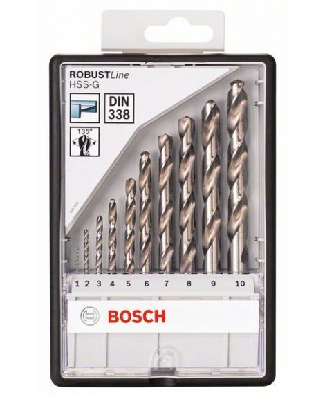 BOSCH 10-częściowy zestaw wierteł do metalu HSS-G Robust Line, 135° 1- 2- 3- 4- 5- 6- 7- 8- 9- 10 mm, 135°