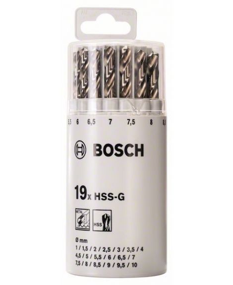 BOSCH 19-częściowy zestaw wierteł do metalu HSS-G, DIN 338, 135°, w okrągłej puszce plastikowej 1-10 mm