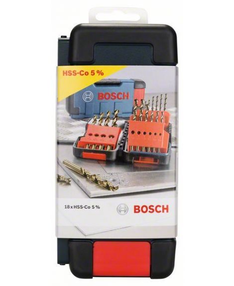 BOSCH 18-częściowy zestaw wierteł do metalu HSS-Co Toughbox, DIN 338, 135° 1- 1,5- 2- 2,5- 3- 3,5- 4- 4,5- 5- 5,5- 6- 7- 8- 9- 1