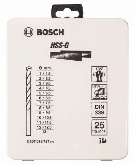 BOSCH 25-częściowy zestaw wierteł do metalu HSS-G, DIN 338, 135°, w metalowej kasecie 1-13 mm, 135°