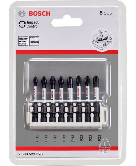 BOSCH Zestaw bitów Impact Control do wkrętarek, 8 szt., 1 x PH1- 3 x PH2- 1 x PH3- 2 x PZ2- 1 x PZ3