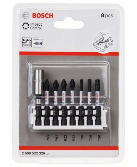 BOSCH Zestaw bitów Impact Control do wkrętarek, 8 szt., 2 x PH2- 2 x PZ2- 1 x T20- 1 x T25- 1 x T30